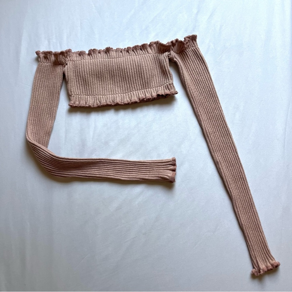 ARE YOU AM I Ribbed Off-Shoulder Crop Top in Tan